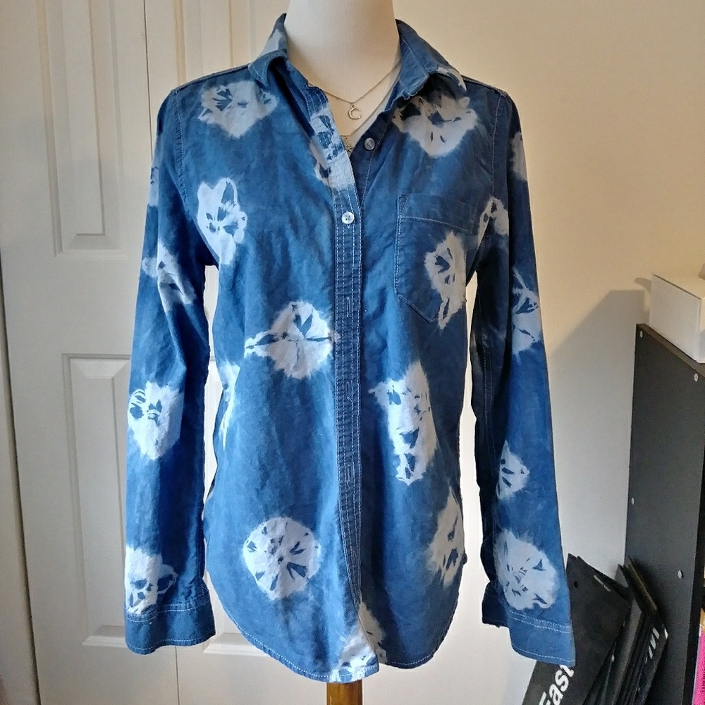 Shibori hand dyed blue & white cotton button up